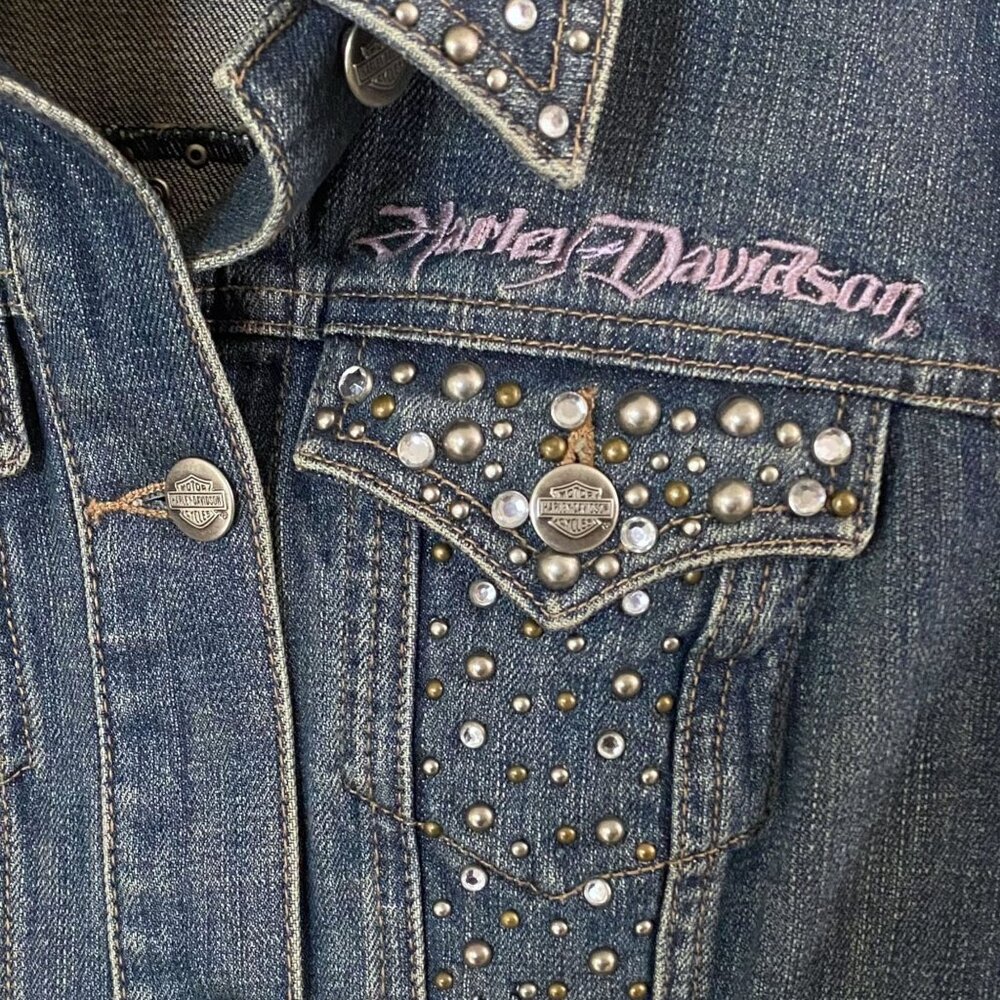 Y2K Harley-Davidson Embroidered Jean Jacket Women's Small Rhinestone Studded - Picture 7 of 14